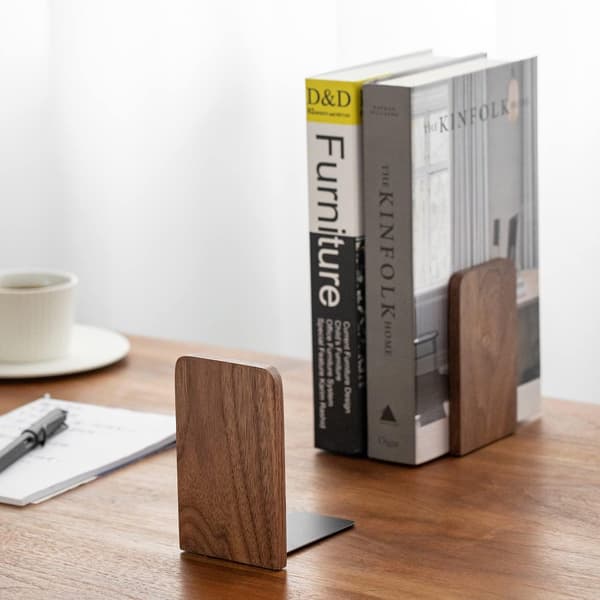 Bokstöd i massivt trä, stålbas, 10,5×8×13cm, bok- och CD-förvaring, brun.