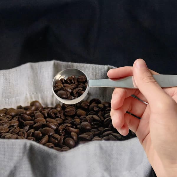 2-i-1 kaffetamper och måttskedset, för att pressa kaffebönor, silver.