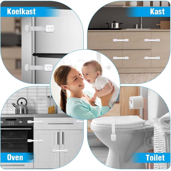 Barnlås - Set med 8 justerbara barnsäkerhetsskåpslås för skåp, lådor och mer (vit)