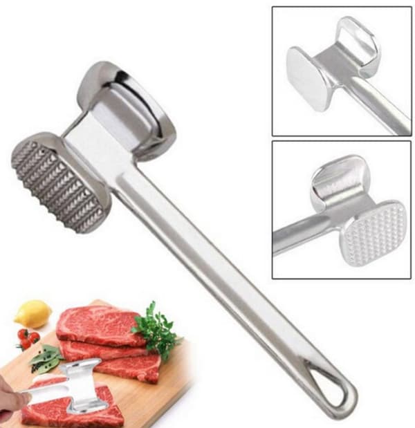 Dubbelsidig köttmörningshammare i aluminium, kan hängas upp, mörar biffar, silver.