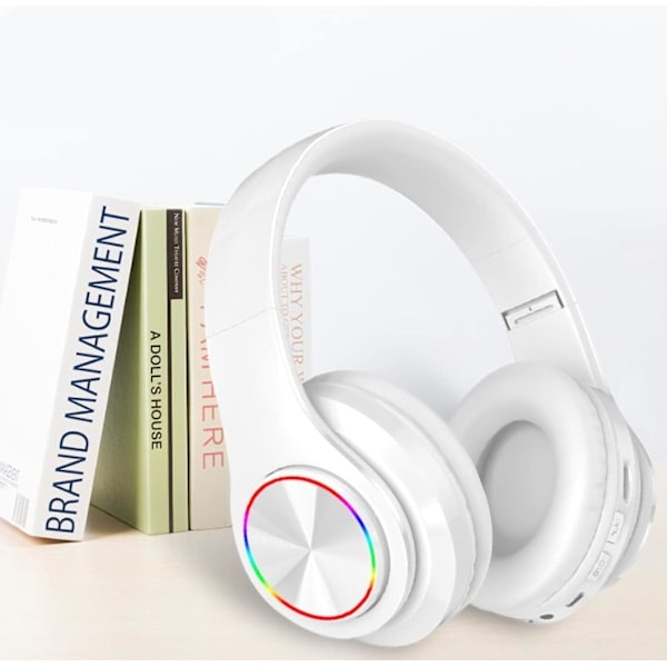 Trådlösa Bluetooth Hörlurar - Färgglada Lampor/Vikbara/Stor Batterikapacitet/Inbyggd Mikrofon - Bluetooth 5.0/10m Räckvidd Pure White