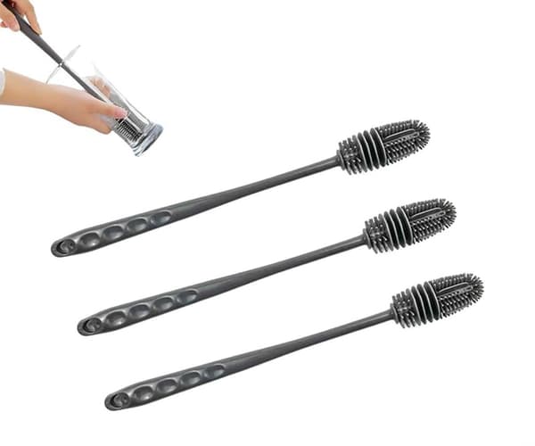 Tre-delad långskaftad silikonmuggborstsats, 31,5 cm, 360° flexibel, för rengöring av vattenflaskor, nappflaskor och isolerade behållare, grå.