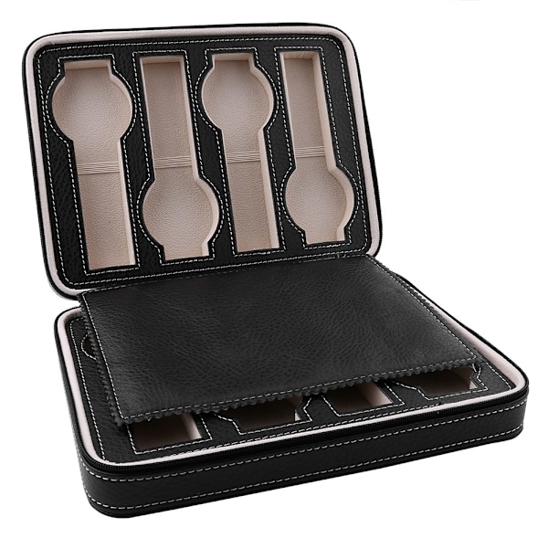 1 st 8 Fack PU Läder Klockförvaring Resefodral Displayfodral Organizer Svart