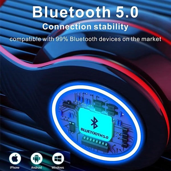 Trådlösa Bluetooth Hörlurar - Färgglada Lampor/Vikbara/Stor Batterikapacitet/Inbyggd Mikrofon - Bluetooth 5.0/10m Räckvidd Svart och Röd