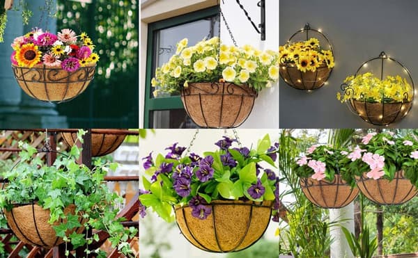 Två hängande blomkrukor med kokosfiberfoder, 25,5 cm, med kedja, lämpliga för balkongträdgårdar, bruna.