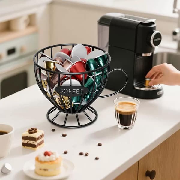 Frukt- och snackskorg formad som en kaffekopp, förvaring för kök och café, svart.
