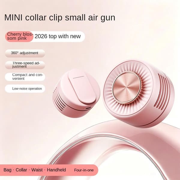Klämbar bladlös midjefläkt, 360° justerbart luftflöde, trådlös och bärbar, rosa.