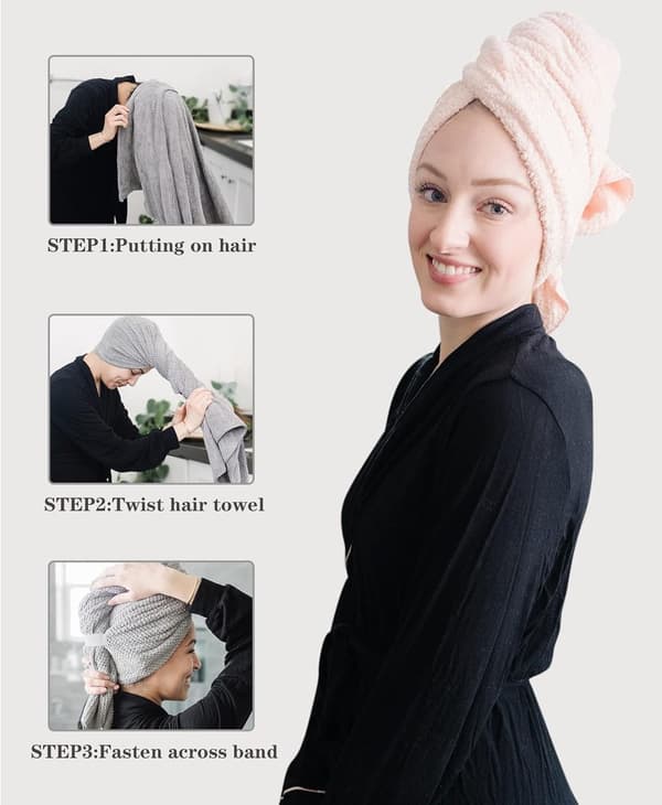 Hårtorkningshanddukar i mikrofiber, 2-pack, 105×60cm, med hängrep, rosa och grå.