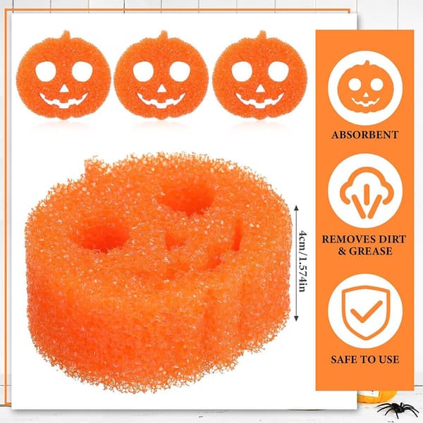 Halloween Pumpa Orange Dubbelsidig Skrubbsvamp (Repfri), Multifunktionell för Diskning, Kök/Badrumsrengöring