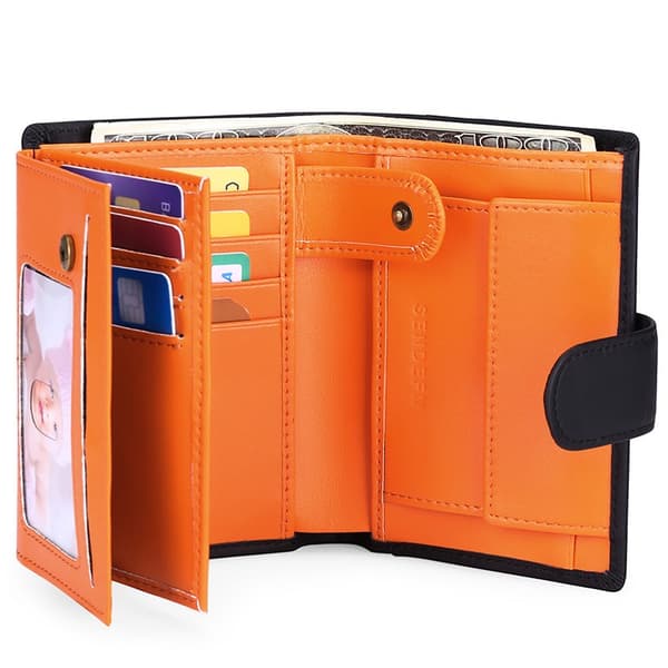 Herrplånbok med RFID-skydd - Stående format Stor läderplånbok för män - Tri-fold plånbok - Svart med orange