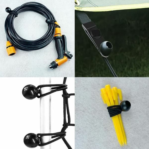 Förpackning med 20 elastiska band på 15 cm, idealiska för att säkra tält, segel, väskor, studsmattor och mer.