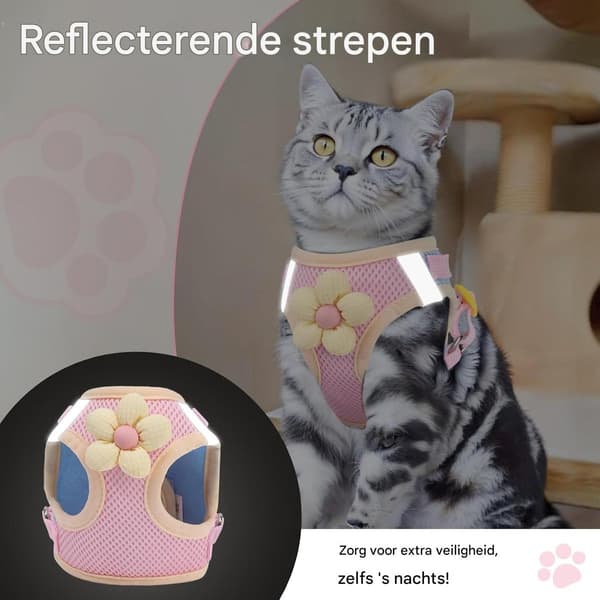 Blommig reflekterande mjuk västsele & koppel för katt, rosa, M