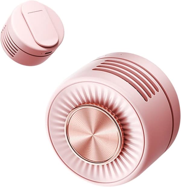 Klämbar bladlös midjefläkt, 360° justerbart luftflöde, trådlös och bärbar, rosa.
