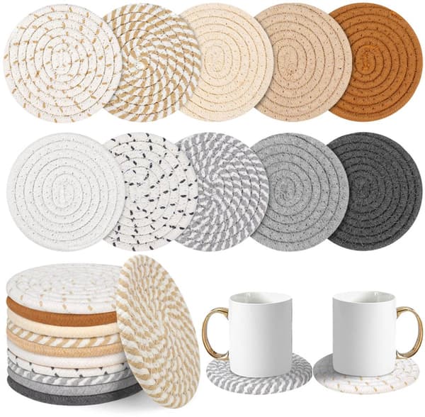 Bohemiska vävda glasunderlägg, 10-delat set, bomull, 11 cm, med ställ