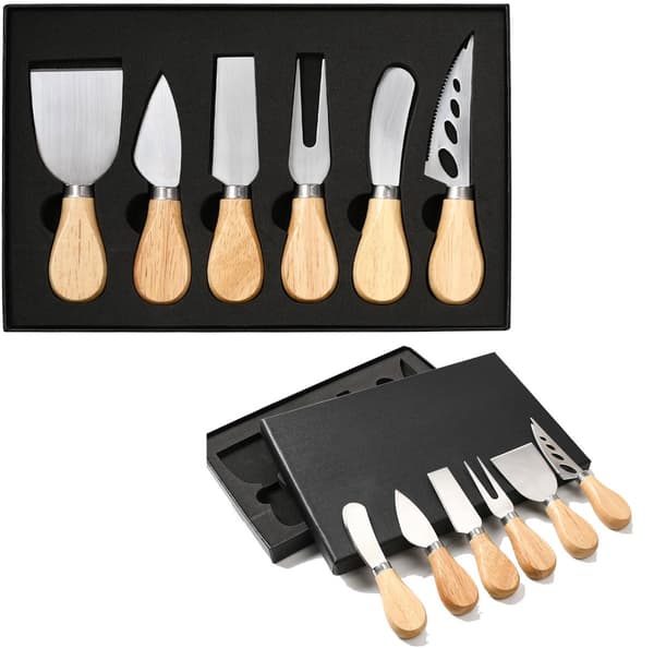 Ostknivset med ekhandtag, 6 delar, presentförpackning, rostfritt stål, matserveringsverktyg, silver