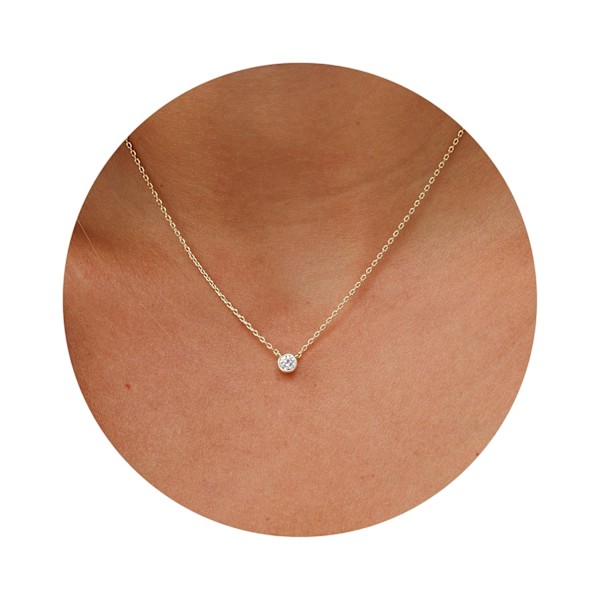 Exklusivt halsband - Guldpläterat 18\" damhalsband med litet runt simulerat diamant-hänge, CZ diamant solitärhalsband med karbinlås