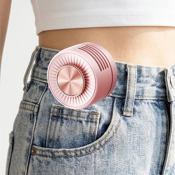 Klämbar bladlös midjefläkt, 360° justerbart luftflöde, trådlös och bärbar, rosa.