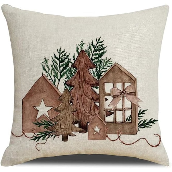 4 st God Jul Kuddfodral Julklappar Fyrkantiga Kuddfodral Linne Dragkedja Kuddfodral (45x45 cm)