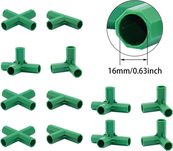 Växthusramkopplingar - Växthusdelar - Växthuskonstruktion - 4 Olika Typer - 16 MM Innerdiameter - Grön