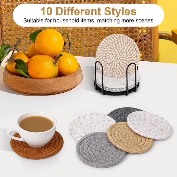 Bohemiska vävda glasunderlägg, 10-delat set, bomull, 11 cm, med ställ