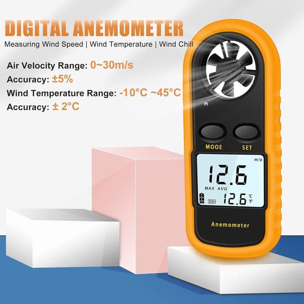 Bärbar anemometer, digital högnoggrann anemometer med LCD-bakgrundsbelysning (+/-5%), handhållen utomhusanemometer