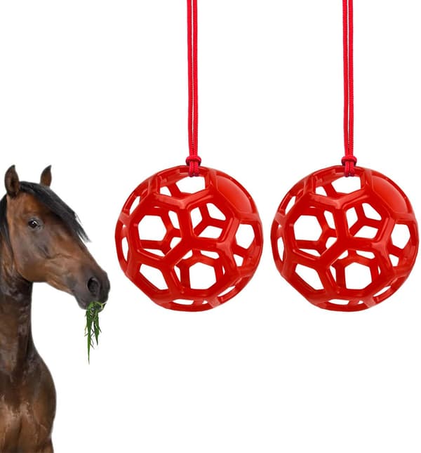 Hängande hö- och foderbollar (2-delat set), stressreducerande leksaker för hästar och getter, röd.