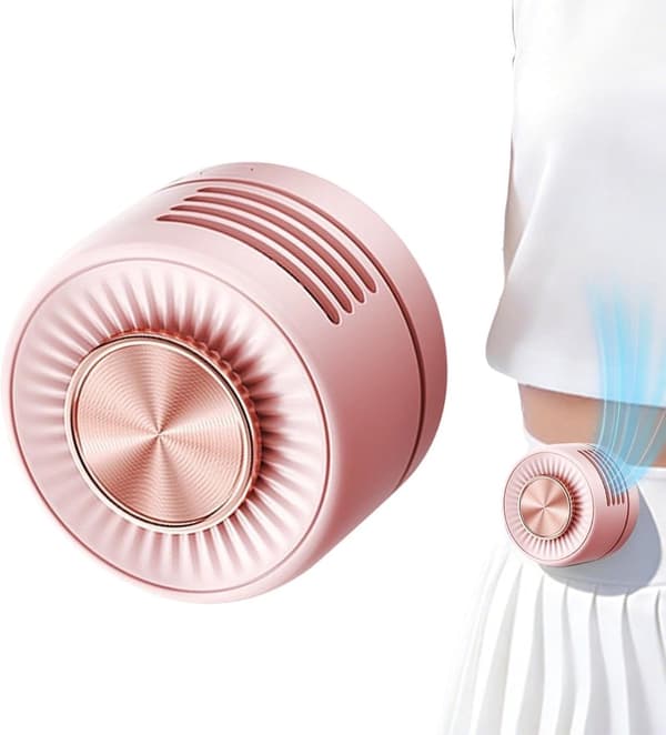 Klämbar bladlös midjefläkt, 360° justerbart luftflöde, trådlös och bärbar, rosa.