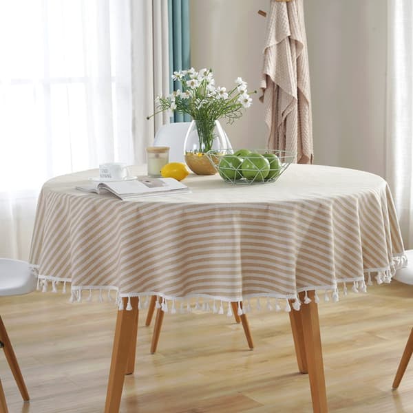 Beige Rund Duk - Tvättbar Duk med Linne-look - Boho Duk - 150cm