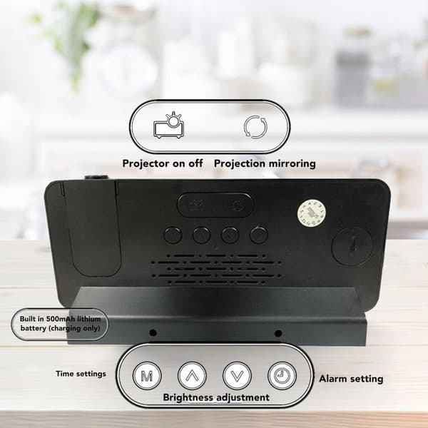 Digital projektorväckarklocka för sovrum, dubbla väckarklockor med snooze-funktion, USB-driven, lämplig för nattduksbord, svart.