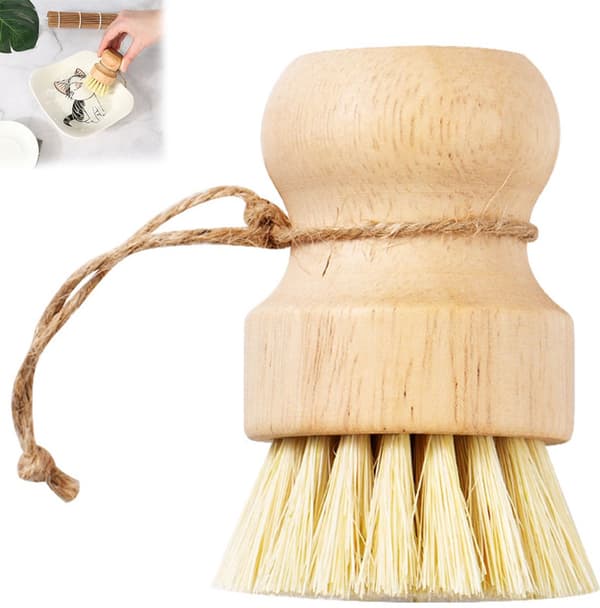 Mini diskborste i bambu med hängrep, för diskning av grytor, stekpannor, grönsaker och diskhoar, beige.