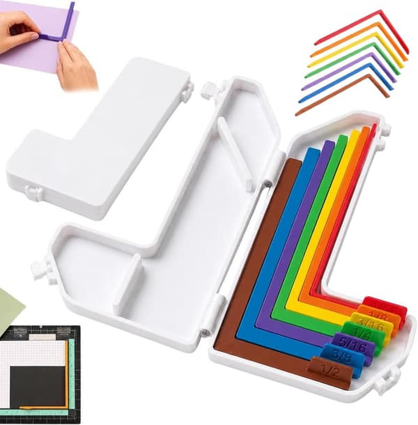 L-formade pappersjusteringsguider, 7-delat set, 1/16-1/2 tum, färgkodade plastmallar.