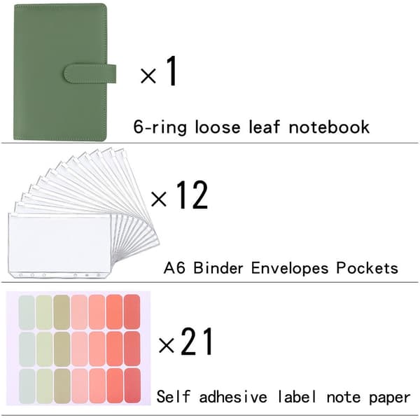 A5 PU Lädermapp - Påfyllningsbar 6-ringsmapp - Budgetmapp - A5 Anteckningsbokmapp (Olinjerad)