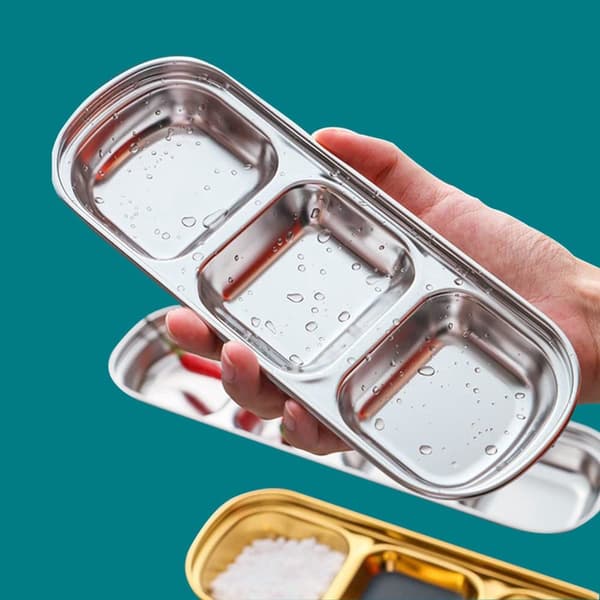 Set med 3 dippskålar i rostfritt stål, koreansk BBQ-kryddskål, silver