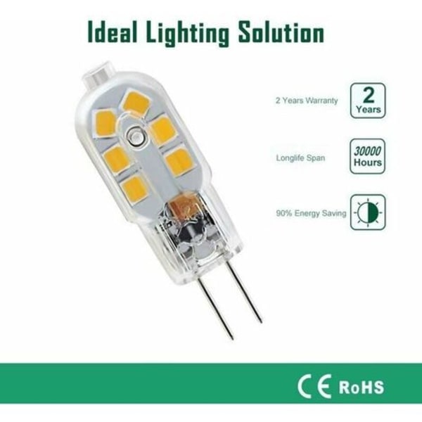 G4 LED-lampa 12V, 1W motsvarande 10W halogenlampa, flimmerfri 200LM, varmvit 3000K, 360° spridningsvinkel, ej dimbar, 10-pack