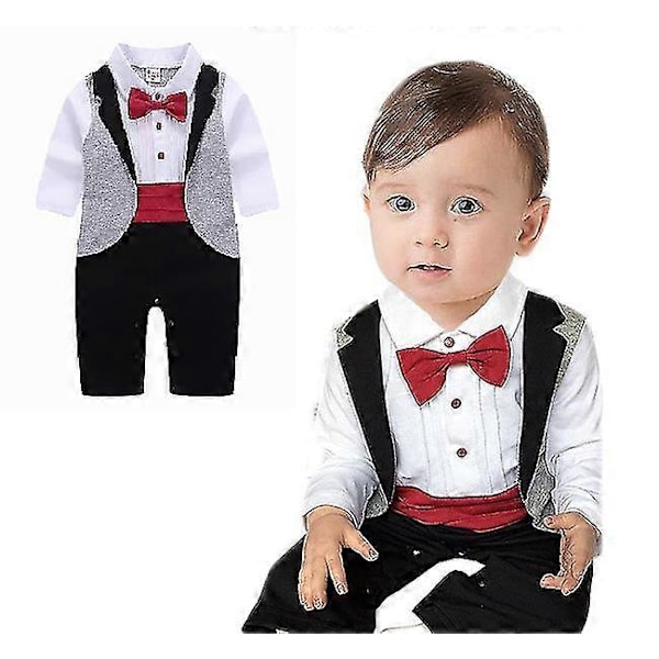 Baby Boy Gentleman Formell Kostym Smoking Bowtie Romper