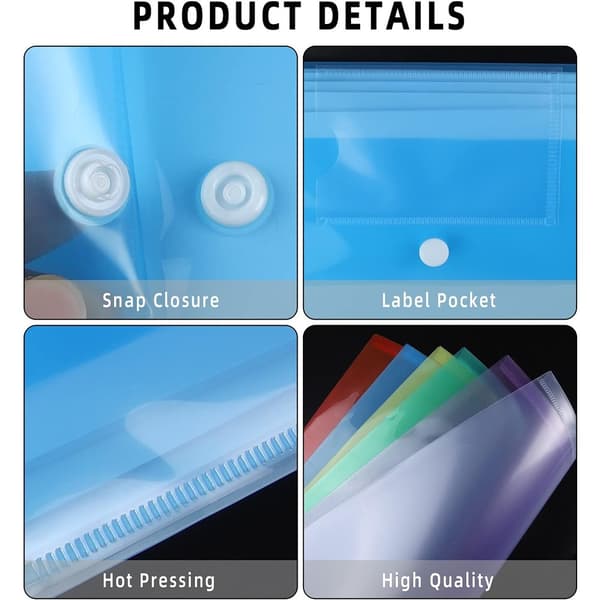 Plastfickor - A4-mappar för pappersarbete A4-dokument, mapp, plastfickor med tryckknapp och ficka, 6-pack