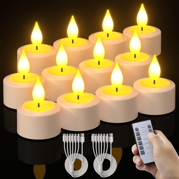 12 Uppladdningsbara Flamlösa LED-ljus med Fjärrkontroll och Timer för Heminredning