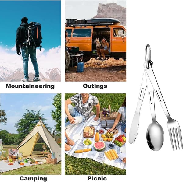 Bärbart bestickset i rostfritt stål (3 delar), med förvaringsväska och karbinhake, lämpligt för camping och picknick, silver.