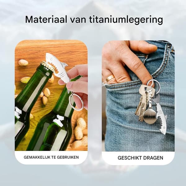 Hajformad flasköppnare 2-delat set, bärbar nyckelring, lämplig för öl och läsk, silver.