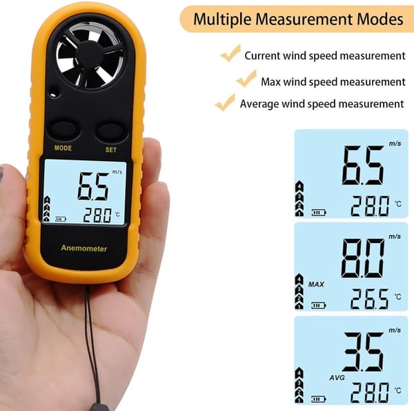 Bärbar anemometer, digital högnoggrann anemometer med LCD-bakgrundsbelysning (+/-5%), handhållen utomhusanemometer