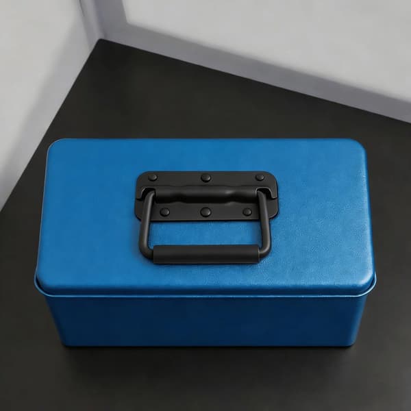 Fällbart järnfodral med fjäderhandtag, tvådelat set, 10×7×1cm; högtalarbox med handtag, svart.