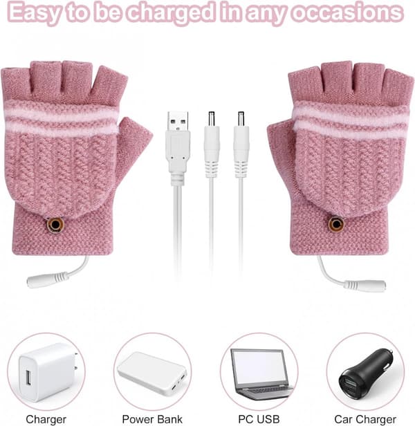 USB-stickade uppvärmda handskar, en storlek passar alla, vattentäta och vindtäta, rosa.