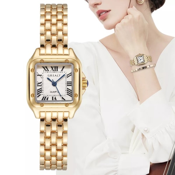 Damklockor Fyrkantiga Modeklockor Guldlegering Armband 2023 Lyxiga Dam Quartz Armbandsur Kvalitet Romersk Skala Damklocka Guld