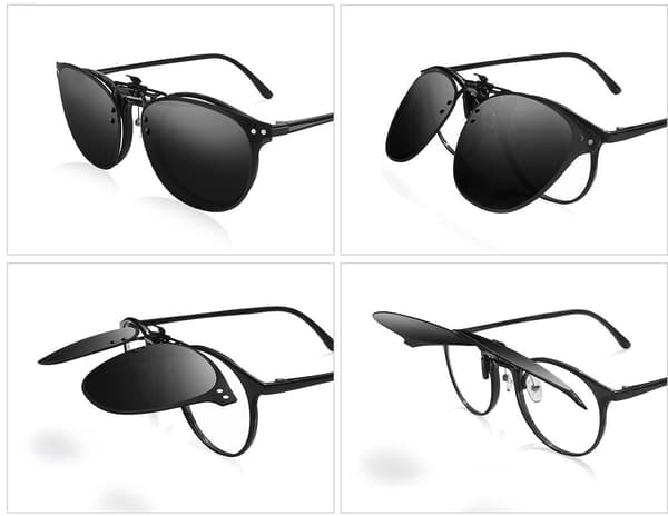 Uppfällbara polariserade clip-on solglasögon, UV-skydd, passar de flesta bågar, unisex, svarta.