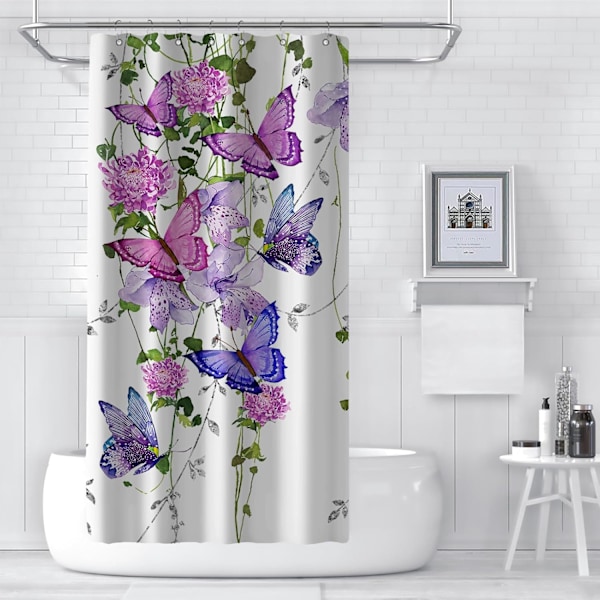 Lila Duschdraperi med Fjärilar för Badrum, Sommar Vår Duschdraperi Fjärilar Rustika Blommor Duschdraperi med 7 Krokar 36X72 Tum