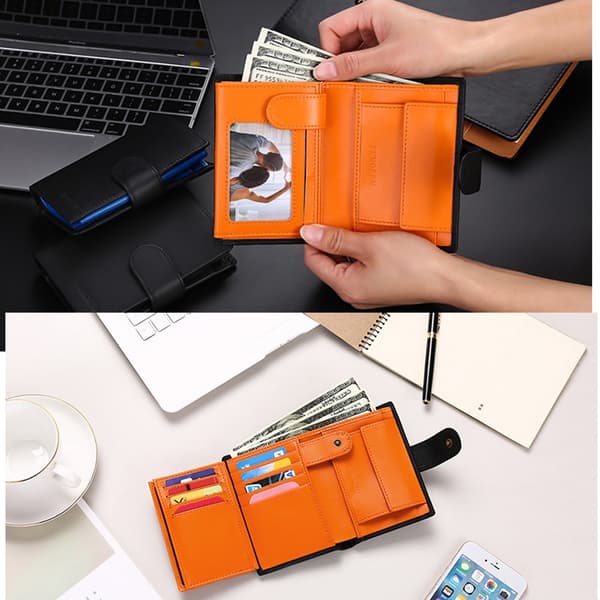 Herrplånbok med RFID-skydd - Stående format Stor läderplånbok för män - Tri-fold plånbok - Svart med orange