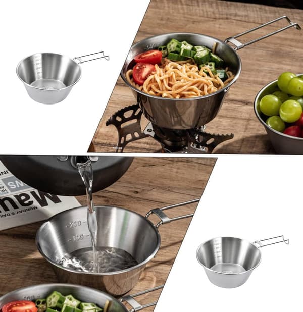 Fällbar campingskål i rostfritt stål (2 delar), 500 ml, lämplig för utomhuspicknick, vandring och grillning, silver.