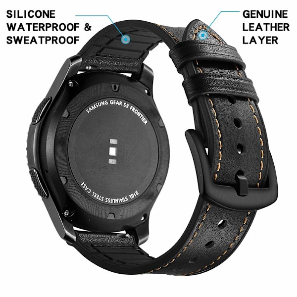 Armband Samsung Gear S3 Classic, Frontier, Galaxy Watch 22 mm Läder Svart