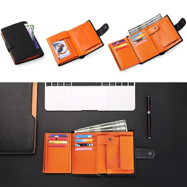Herrplånbok med RFID-skydd - Stående format Stor läderplånbok för män - Tri-fold plånbok - Svart med orange
