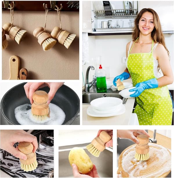 Mini diskborste i bambu med hängrep, för diskning av grytor, stekpannor, grönsaker och diskhoar, beige.